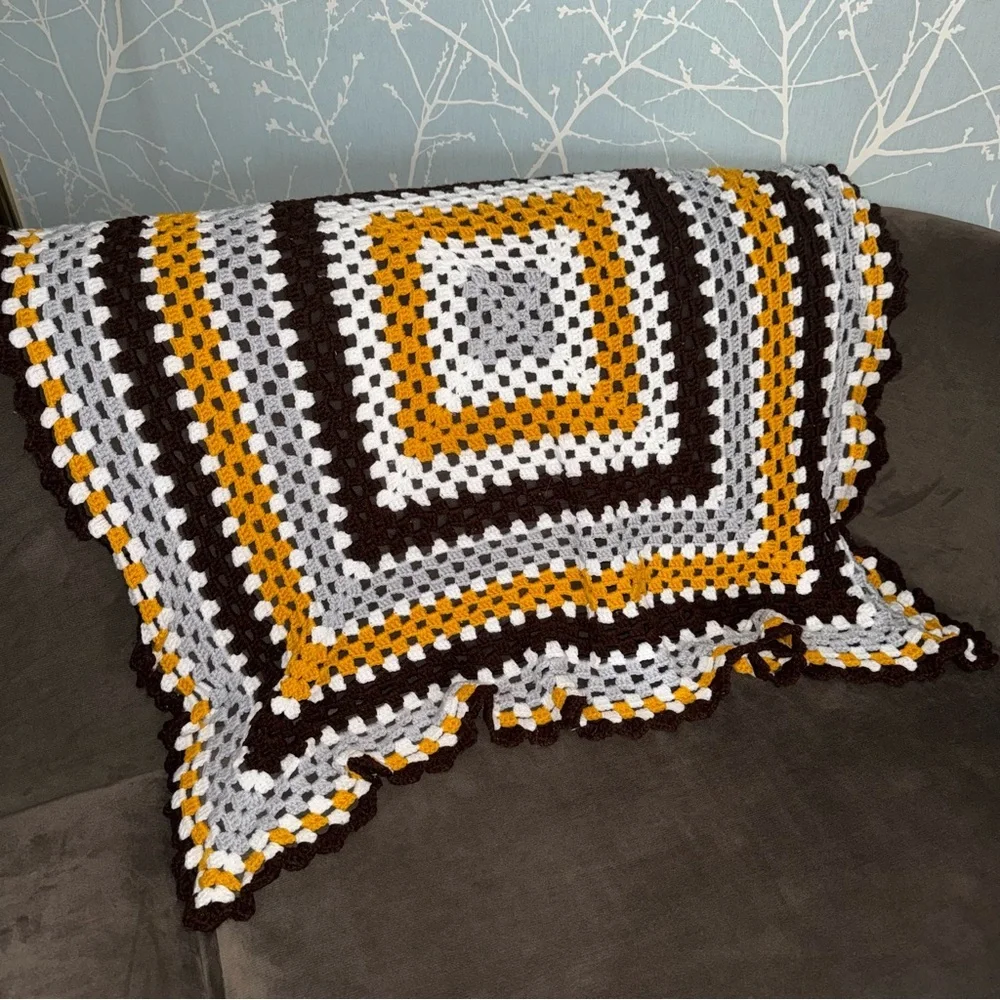 Handmade Crochet Granny Square Blanket 36x36 Brown Gold White Gray Throw
